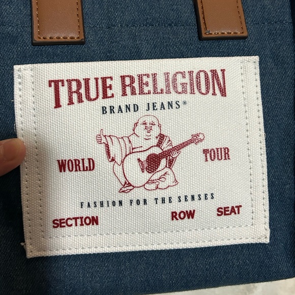 NWT True Religion Buddha Guitar Logo Denim Crossbody Mini Tote Dark Blue - Picture 5 of 14